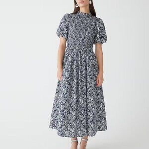 J. Crew x Liberty® Floral Smocked Puff-Sleeve Midi Dress in Navy/White - Medium